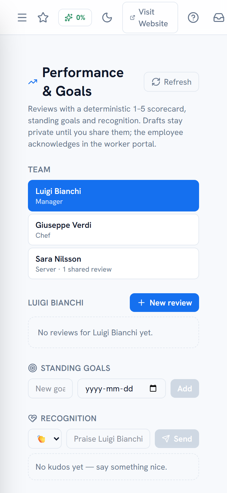 Performance page with a shared review and kudos feed — mobile view