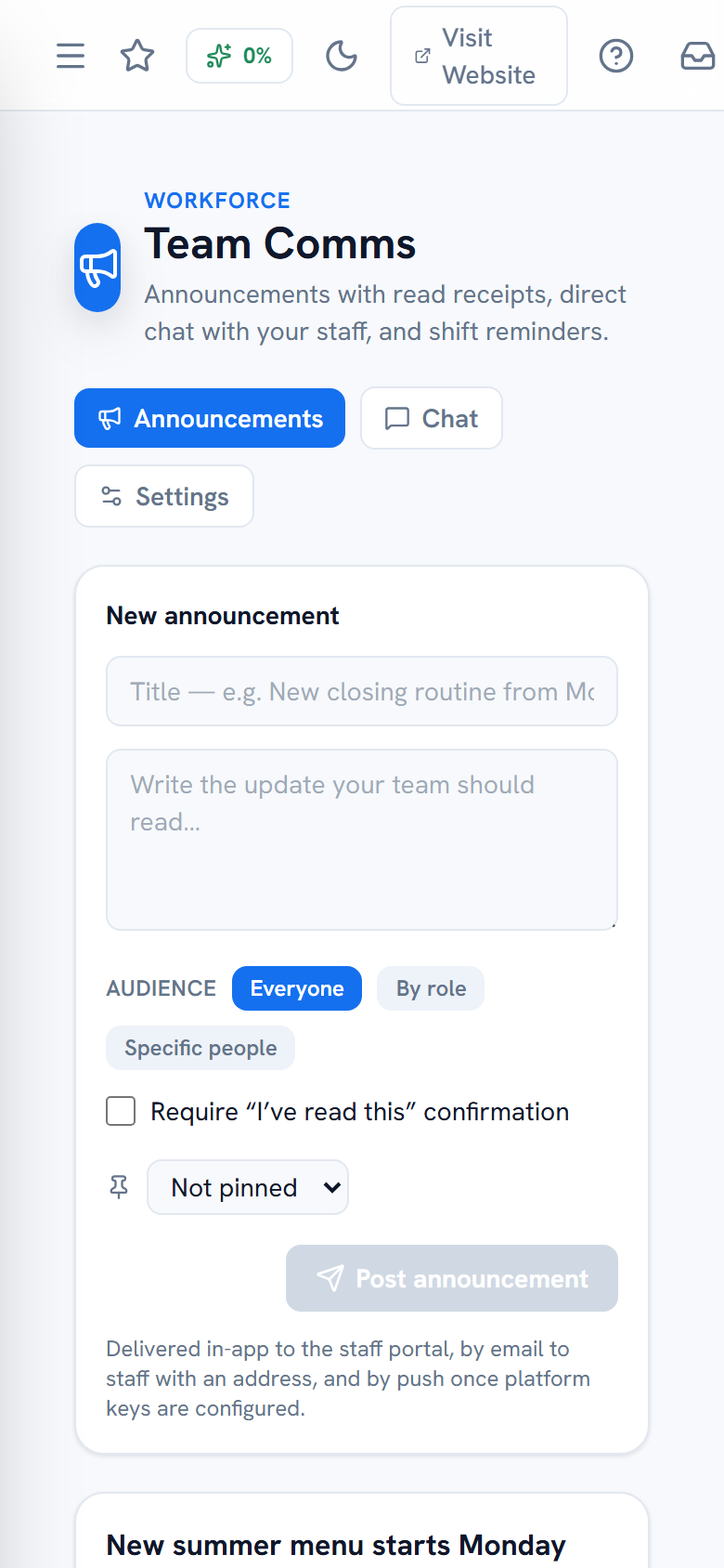 Announcements with acknowledgement tracking — mobile view