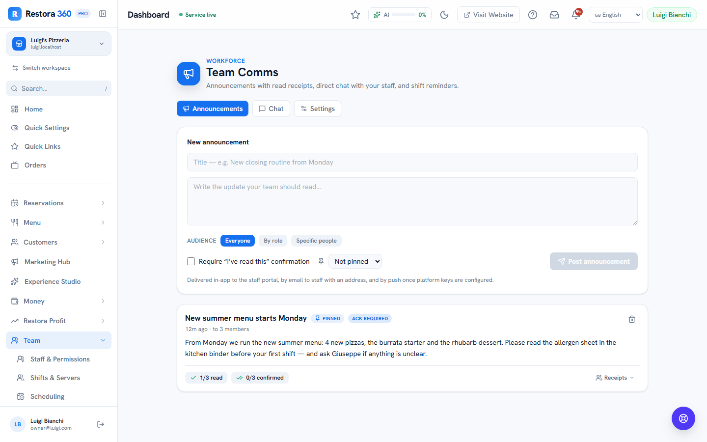 Announcements with acknowledgement tracking — web view