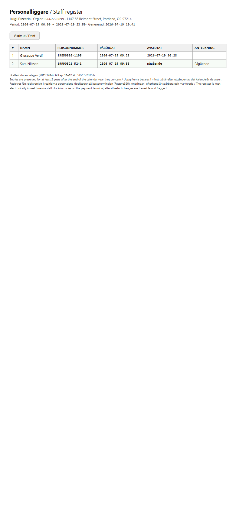 The printable staff register document — mobile view