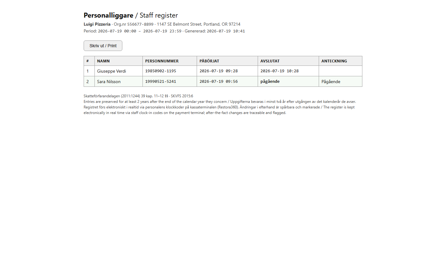 The printable staff register document — web view
