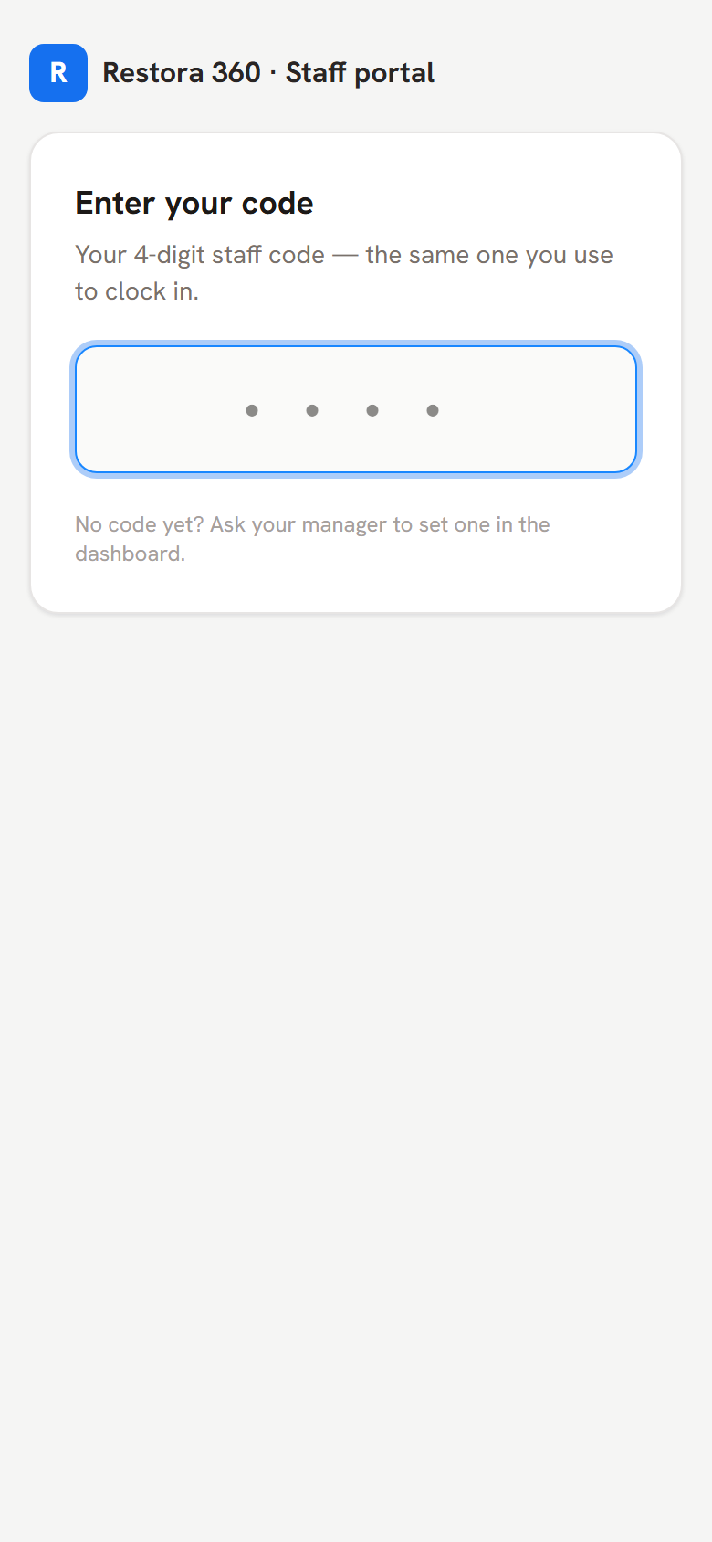 Worker portal sign-in with the 4-digit code pad — mobile view