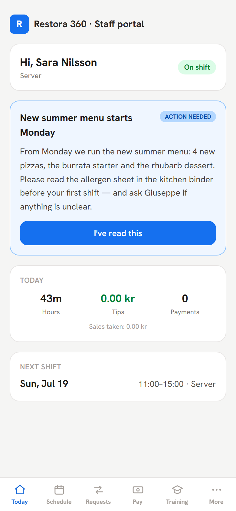 Worker Today tab with on-shift status, hours and tips — mobile view