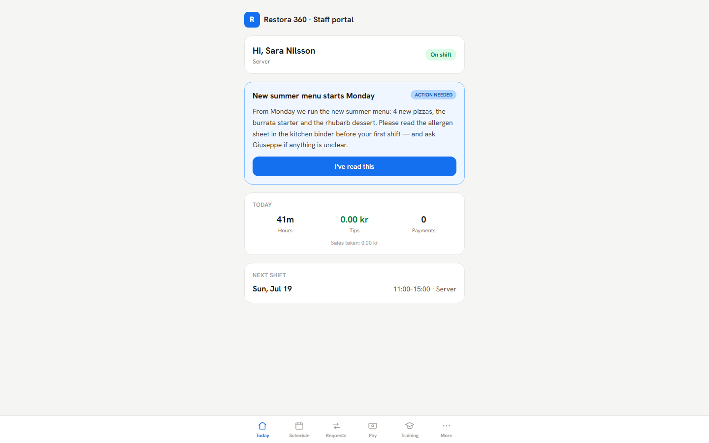 Worker Today tab with on-shift status, hours and tips — web view