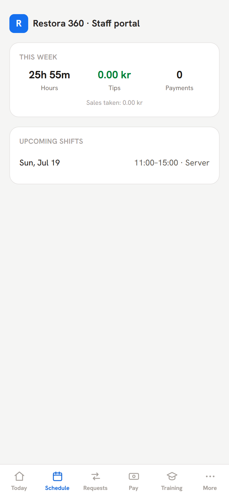 Worker schedule tab listing upcoming shifts — mobile view