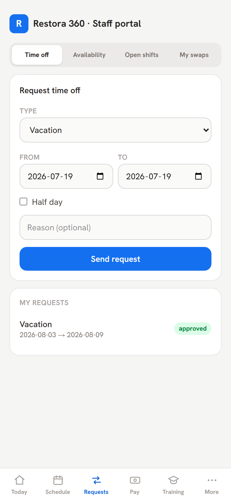 Time-off request form and status list in the worker portal — mobile view