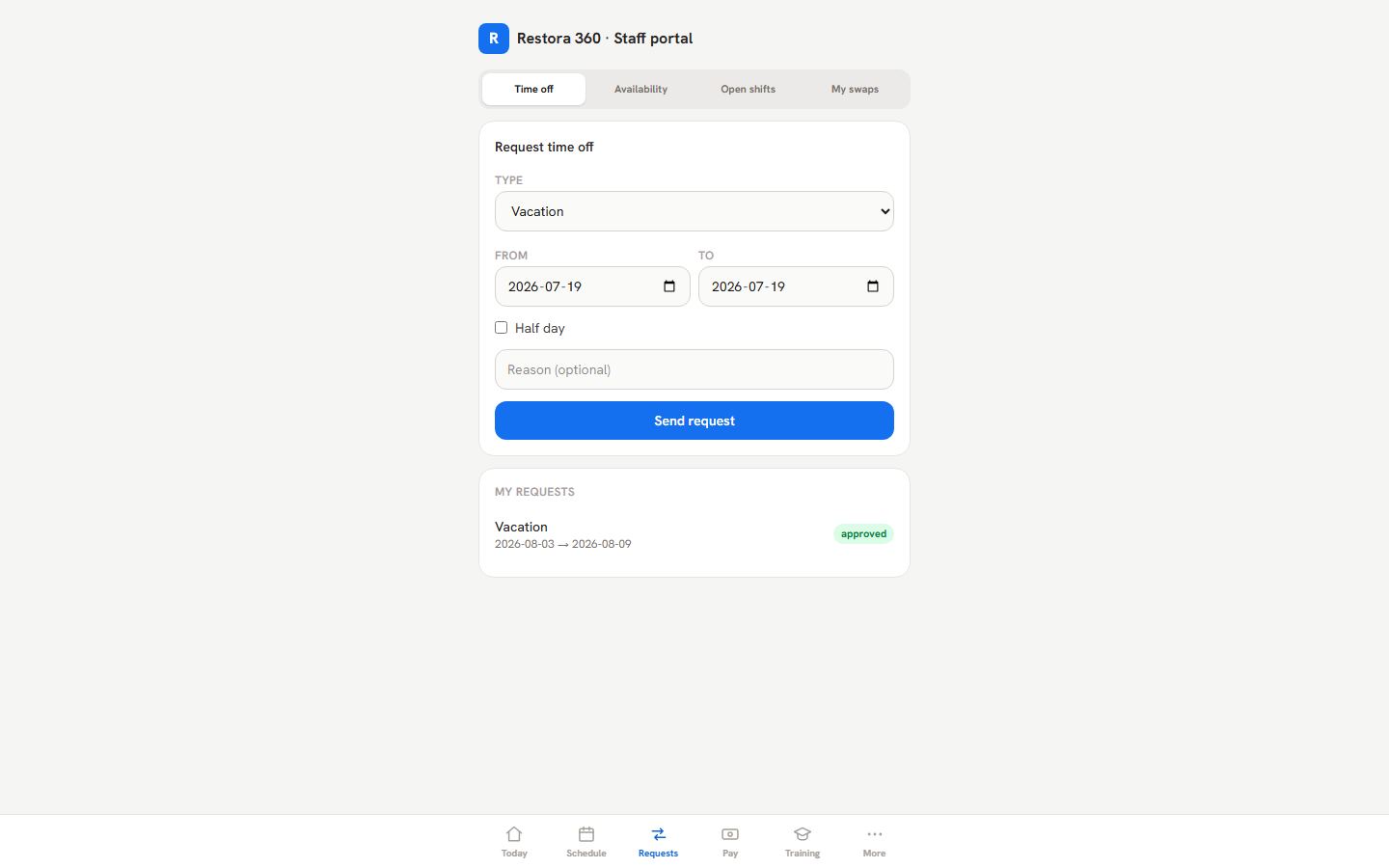 Time-off request form and status list in the worker portal — web view