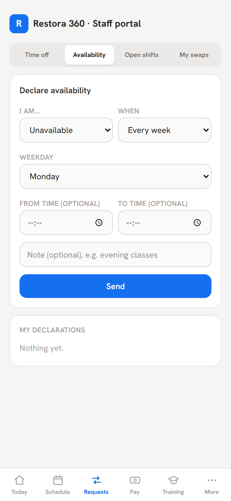 Availability preferences in the worker portal — mobile view