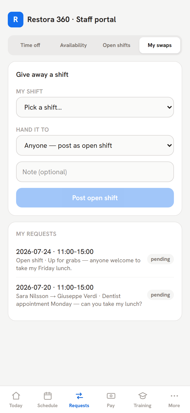 Shift swap flow in the worker portal — mobile view