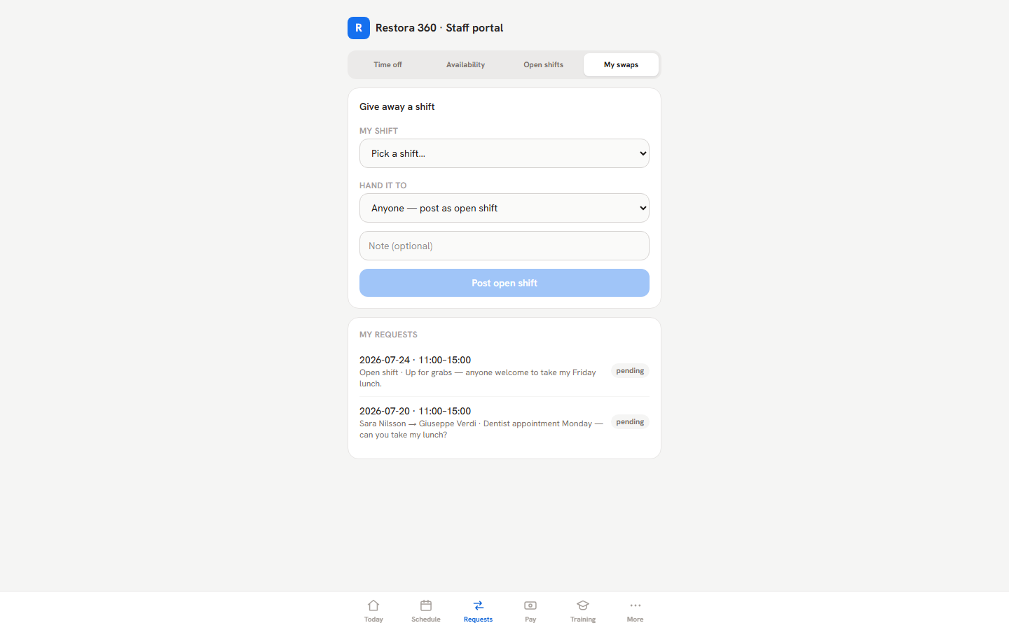 Shift swap flow in the worker portal — web view