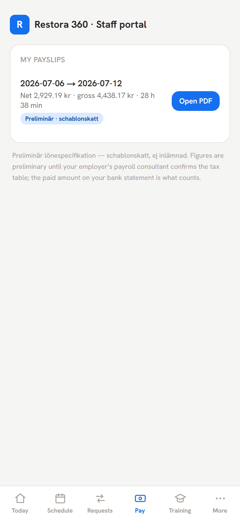 Worker Pay tab with payslip periods — mobile view