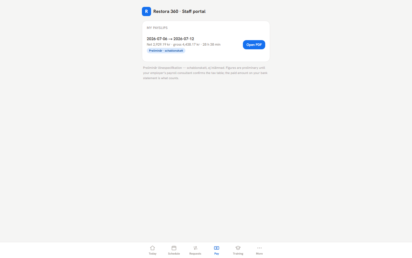 Worker Pay tab with payslip periods — web view