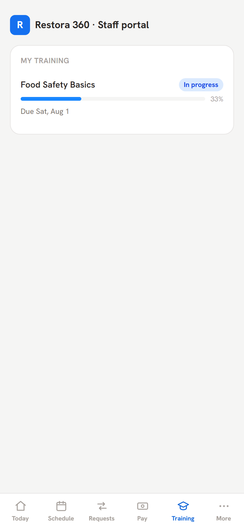 Worker training tab with course progress — mobile view