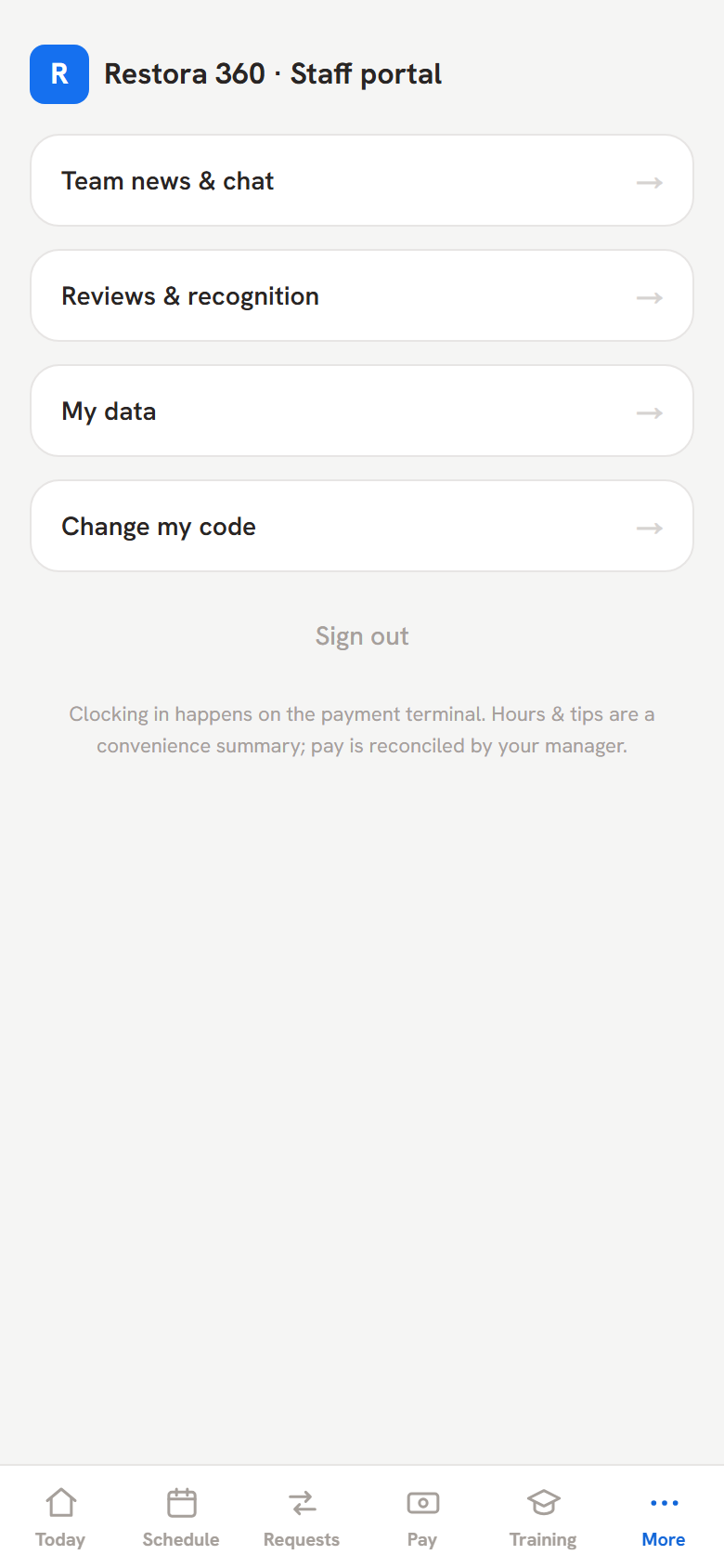 Worker More tab with data export and code change — mobile view