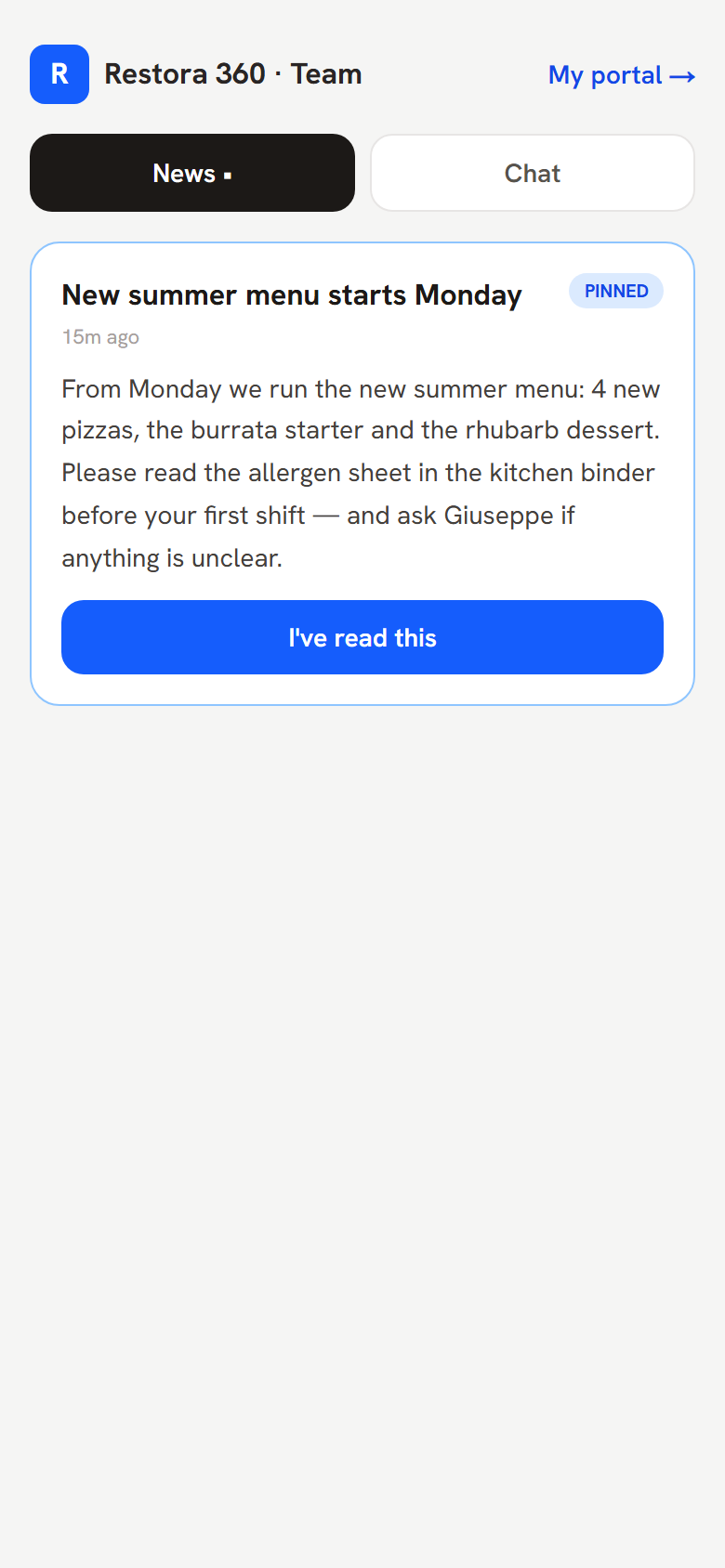 Worker news feed with a must-read announcement — mobile view