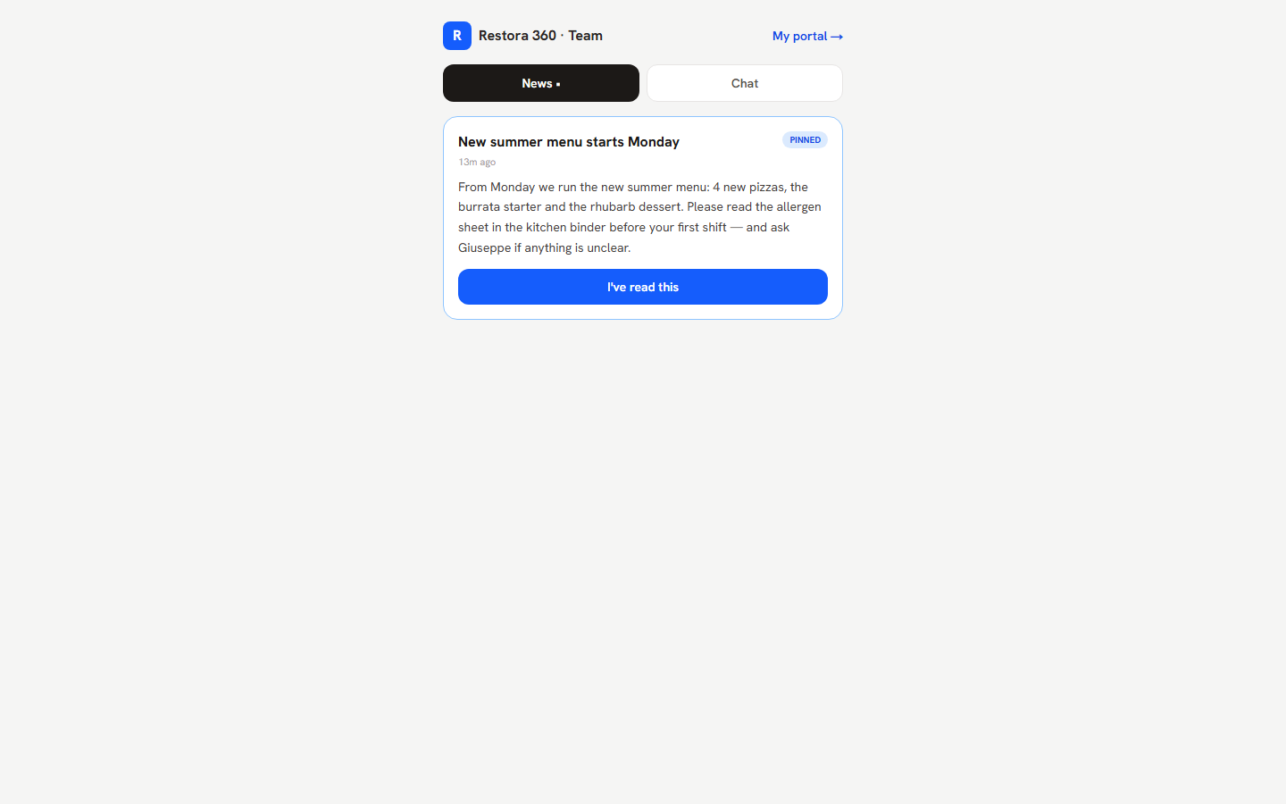 Worker news feed with a must-read announcement — web view